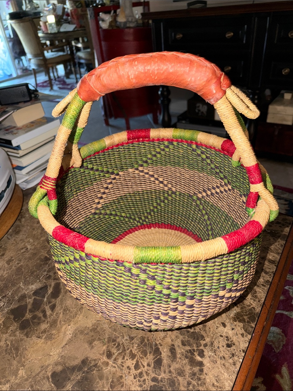 Handwoven Colorful Market Basket with Leather Handle NWT LARGE